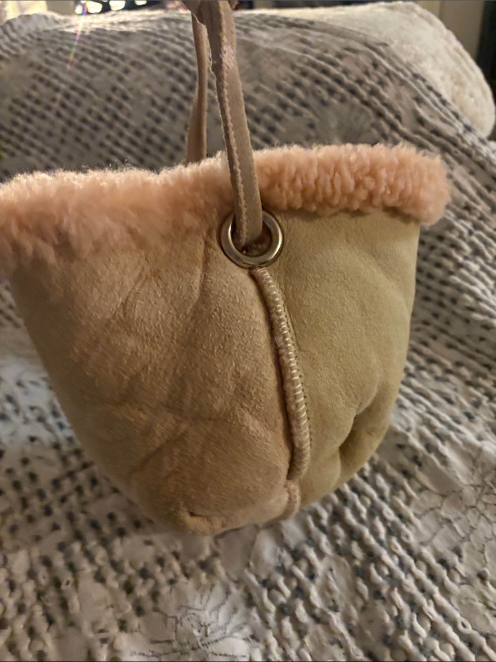 UGG Cream Suede Mini Bucket Bag with Blush Shearling Trim - Picture 5 of 8